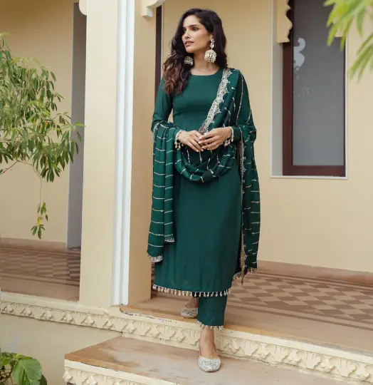 Bottle Green Kurta With Dupatta-1